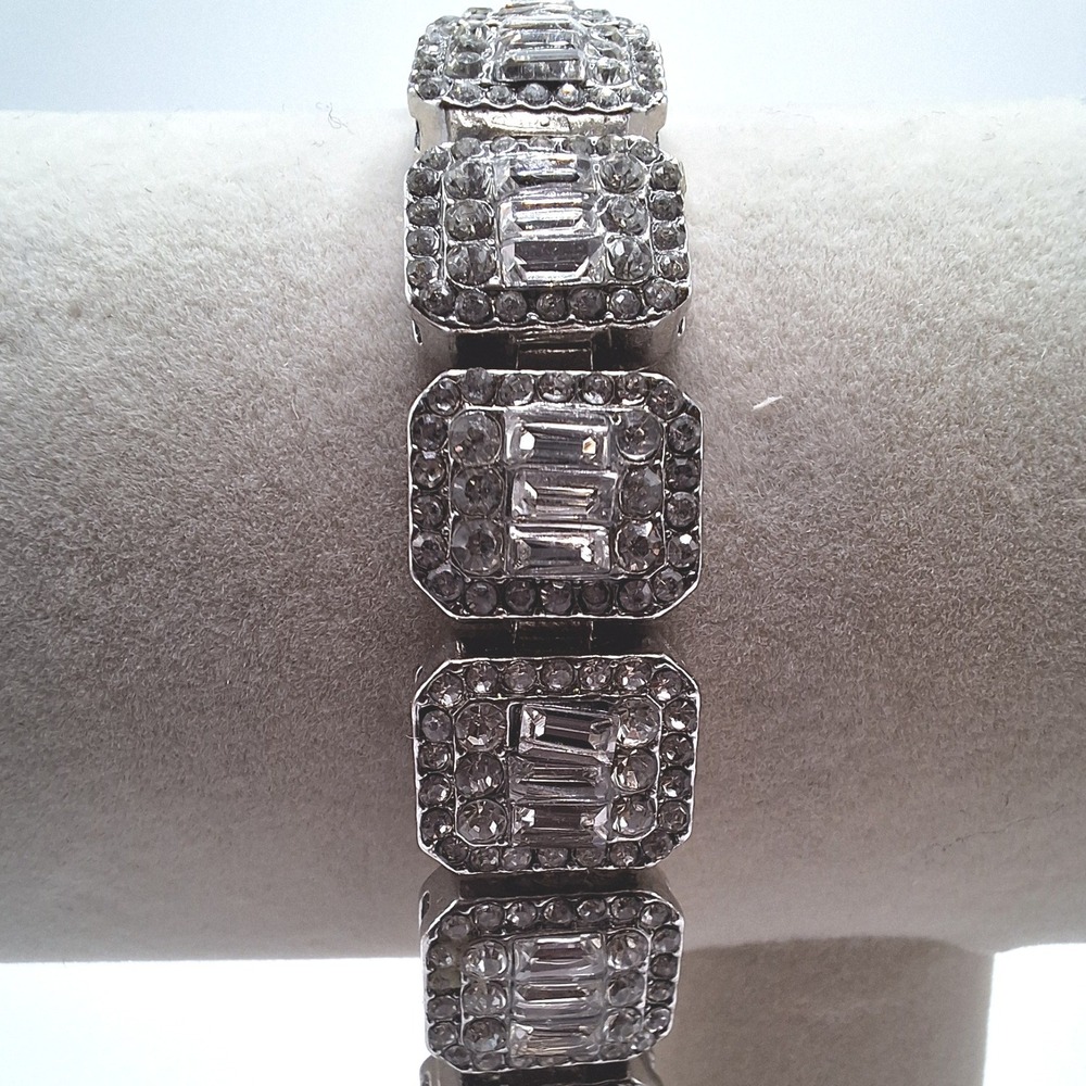 Rhinestone bracelet square halo links emerald round cut Art Deco Hollywood Glam